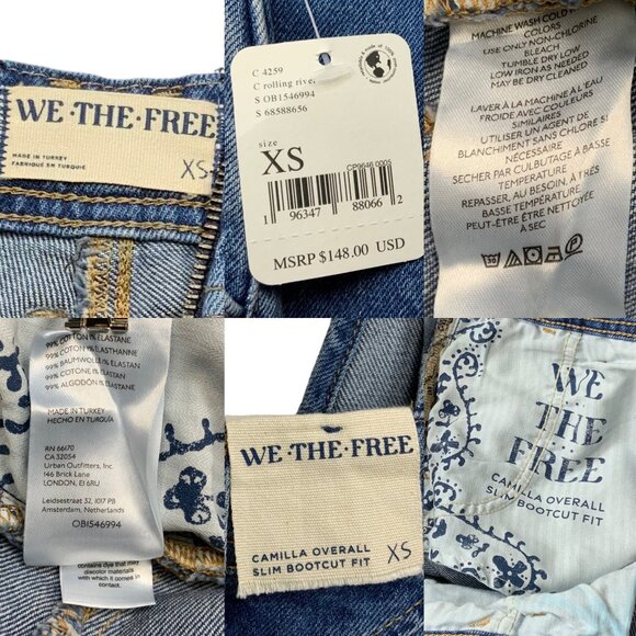 Free People We The Free Camilla Denim Overalls XS Rolling River Bell Bottoms - Picture 6 of 12